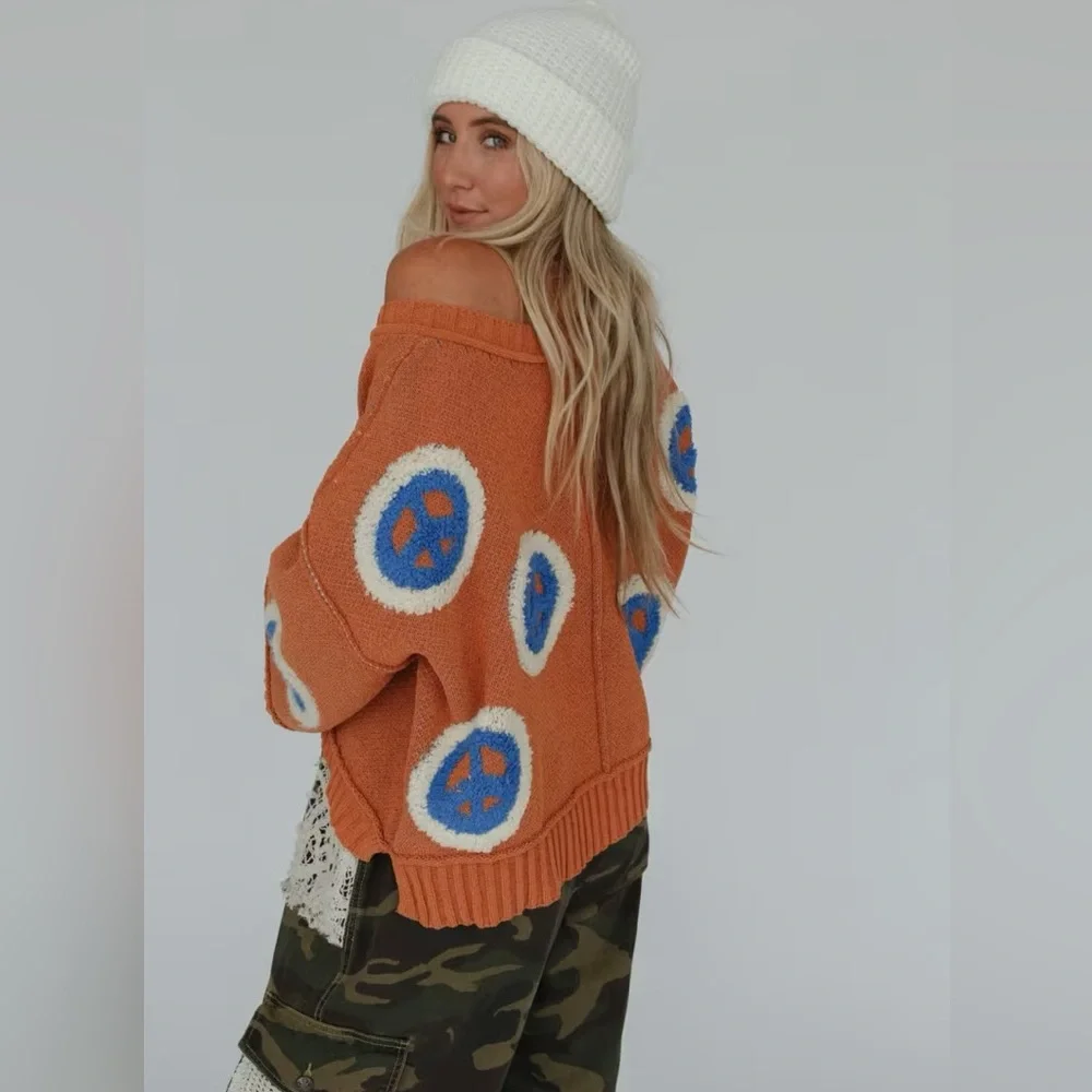 Three Bird Nest • Orange & Blue Chenille Peace Sign V Neck Sweater • Oversized - Picture 4 of 10